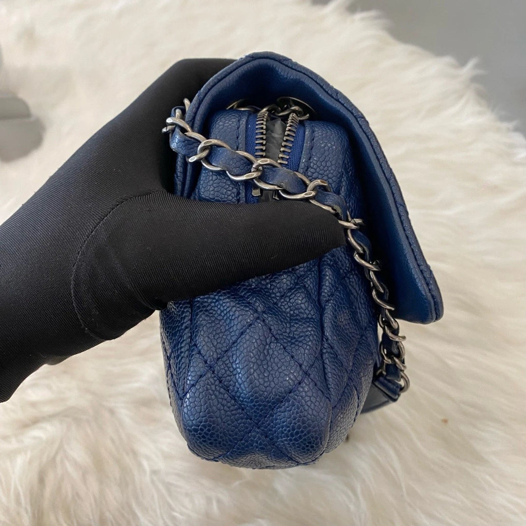 Chanel Classic Flap Chain Shoulder Crossbody Bag Blue Silver