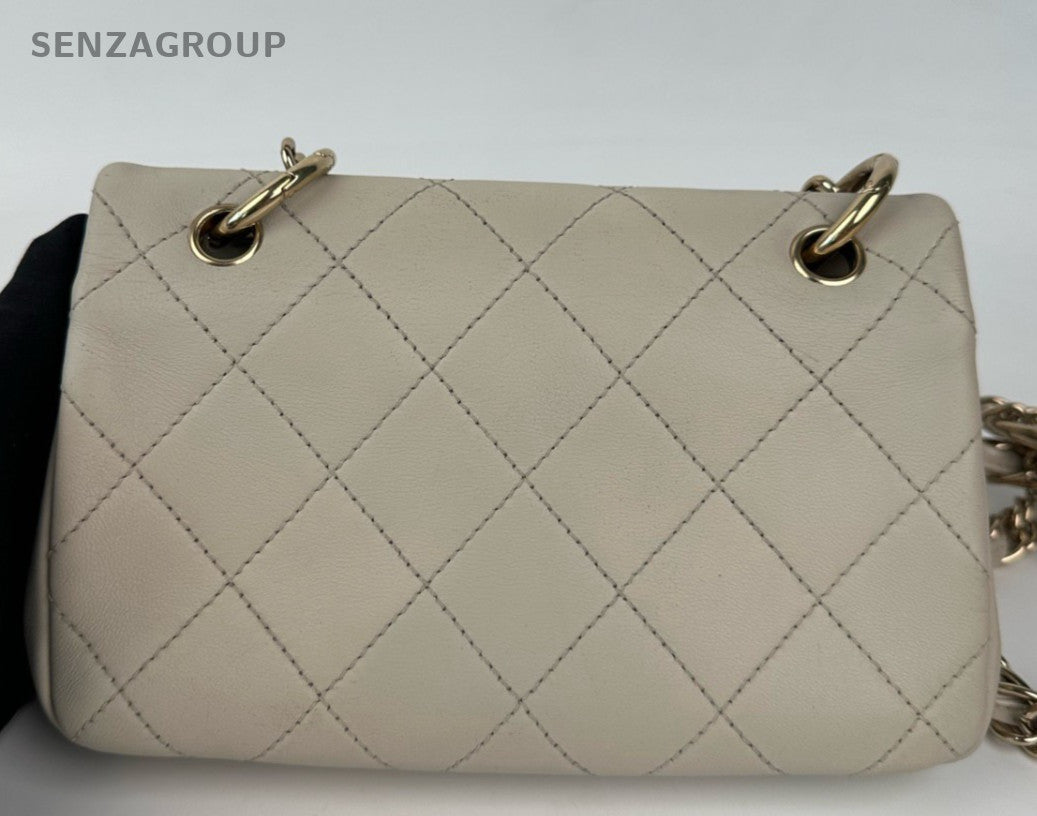Chanel Classic Flap Mini Diamond Chain Shoulder Bag Beige Gold Women Designer