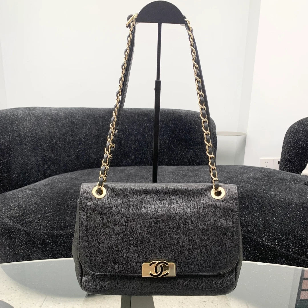 Chanel Calfskin Chain Shoulder Crossbody Bag Black Gold Women Classic S