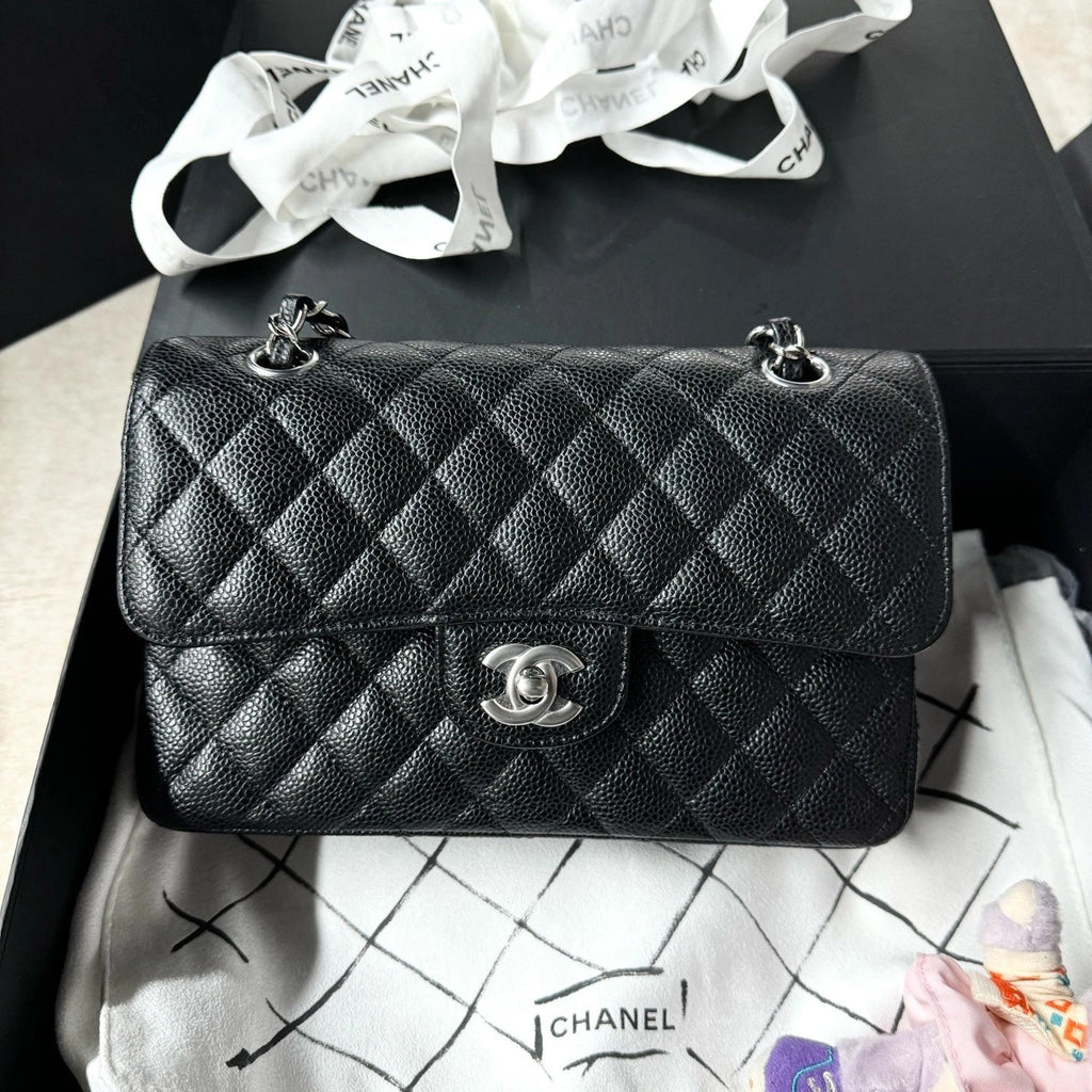 New CHANEL Classic Flap Small Black Calfskin Silver Hardware Bag For Women