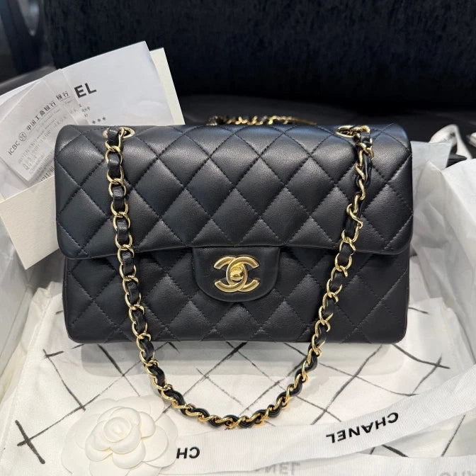 Chanel Classic Flap PM Lambskin Chain Shoulder Bag Black Gold Hardware Women D