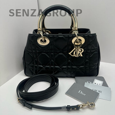 Dior Lady Dior Medium Black Gold Cannage Shoulder Handbag Classic