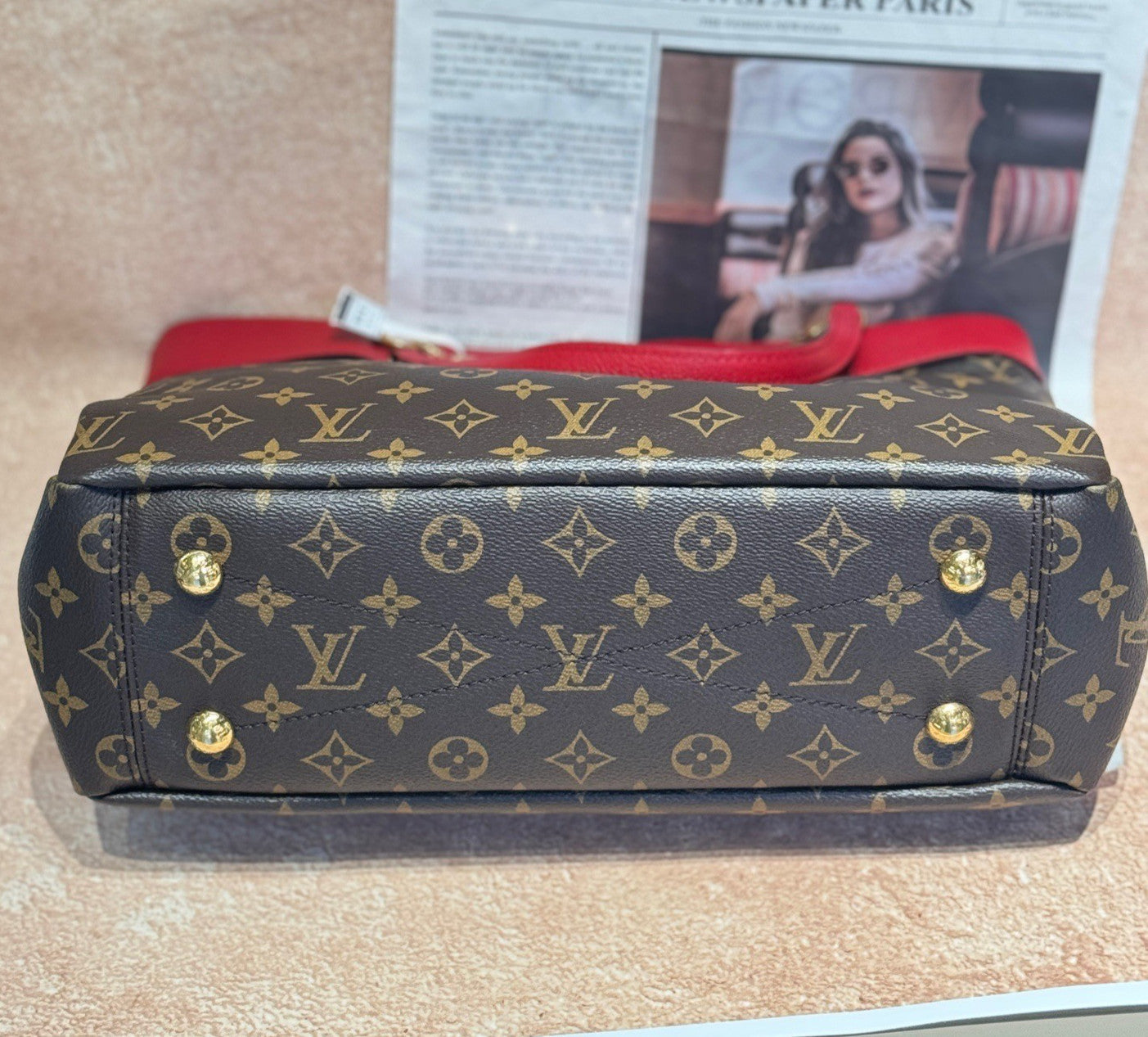 Louis Vuitton Pallas Tote Chain Monogram Shoulder Bag Brown Red Women Classic