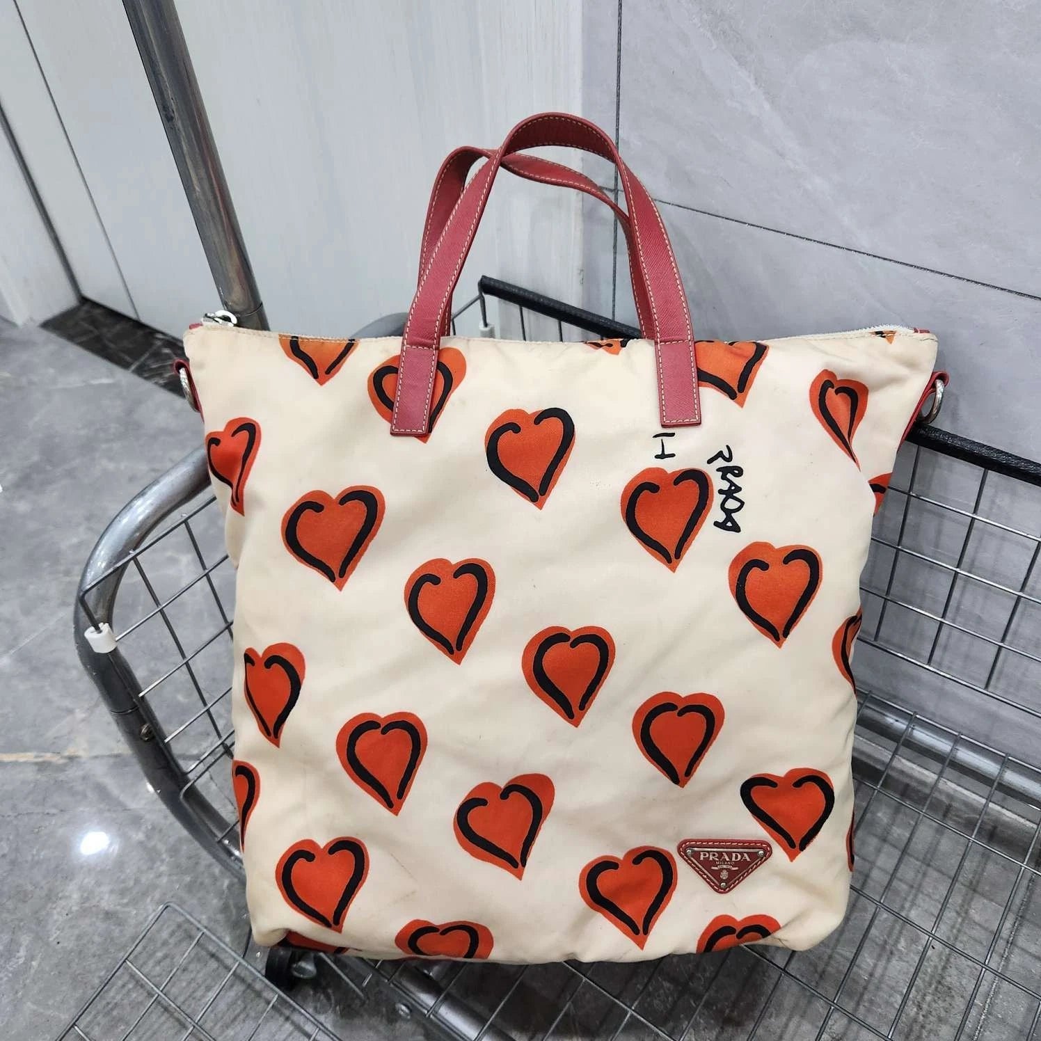 Prada Vintage Nylon Leather Tote Handbag For Women