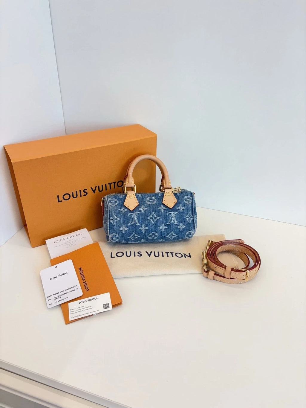 Louis Vuitton Speedy Nano Handbag Women's Crossbody Bag Blue Denim Monogram