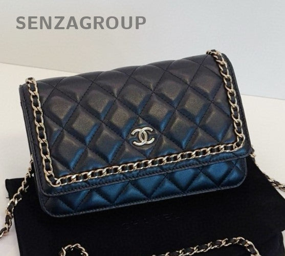 Chanel WOC Chain Shoulder Bag Crossbody Black Gold Diamond Women Classic