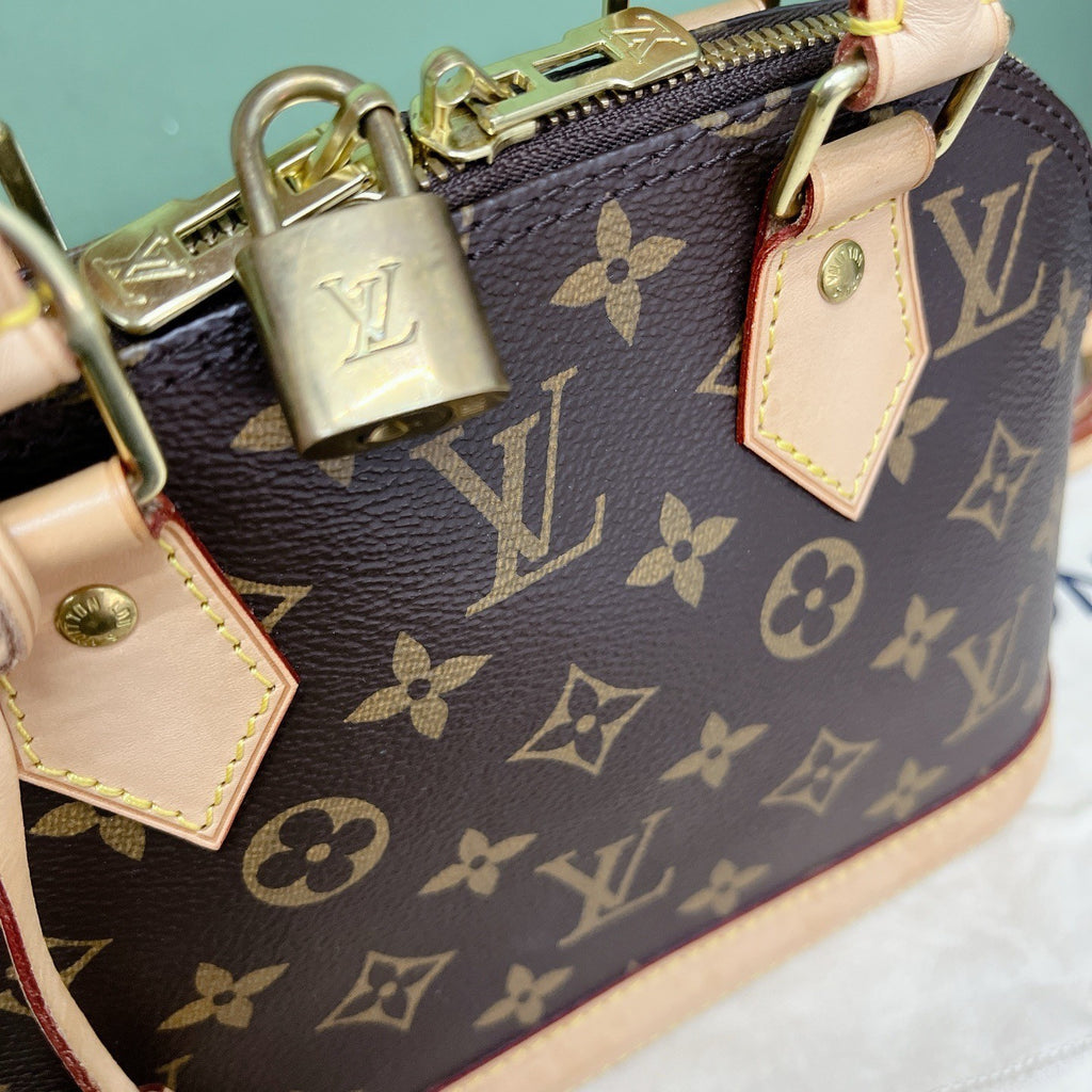 Louis Vuitton Alma BB Monogram Canvas Top Handle Crossbody Brown Gold Used Women