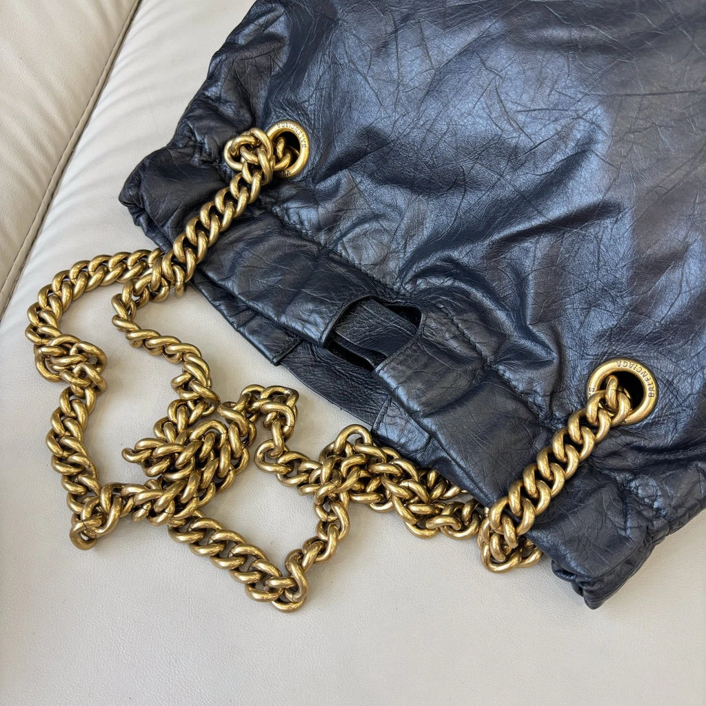 Excellent Balenciaga Crush PM Black Bucket Chain Shoulder Bag Gold Hardware