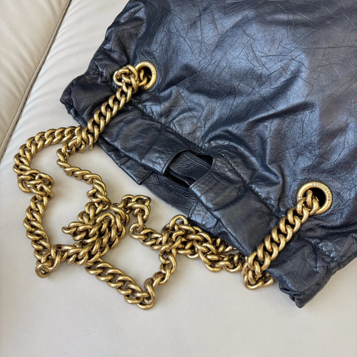 Excellent Balenciaga Crush PM Black Bucket Chain Shoulder Bag Gold Hardware