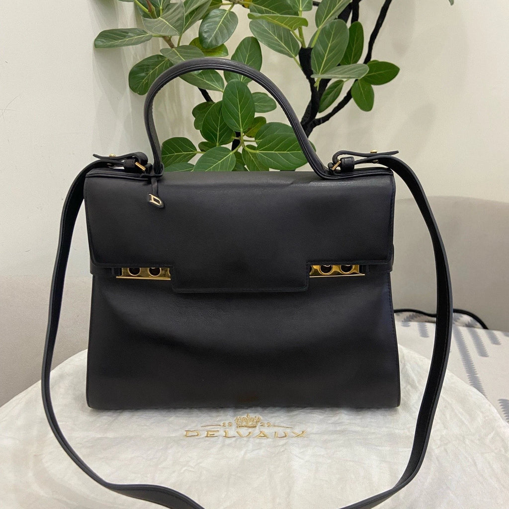 Delvaux Tempete MM Calfskin Top Handle Shoulder Bag Black Gold Women Classic