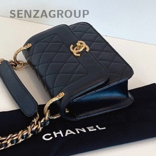 Chanel Classic Flap PM Calfskin Chain Shoulder Bag Crossbody Black Gold Women
