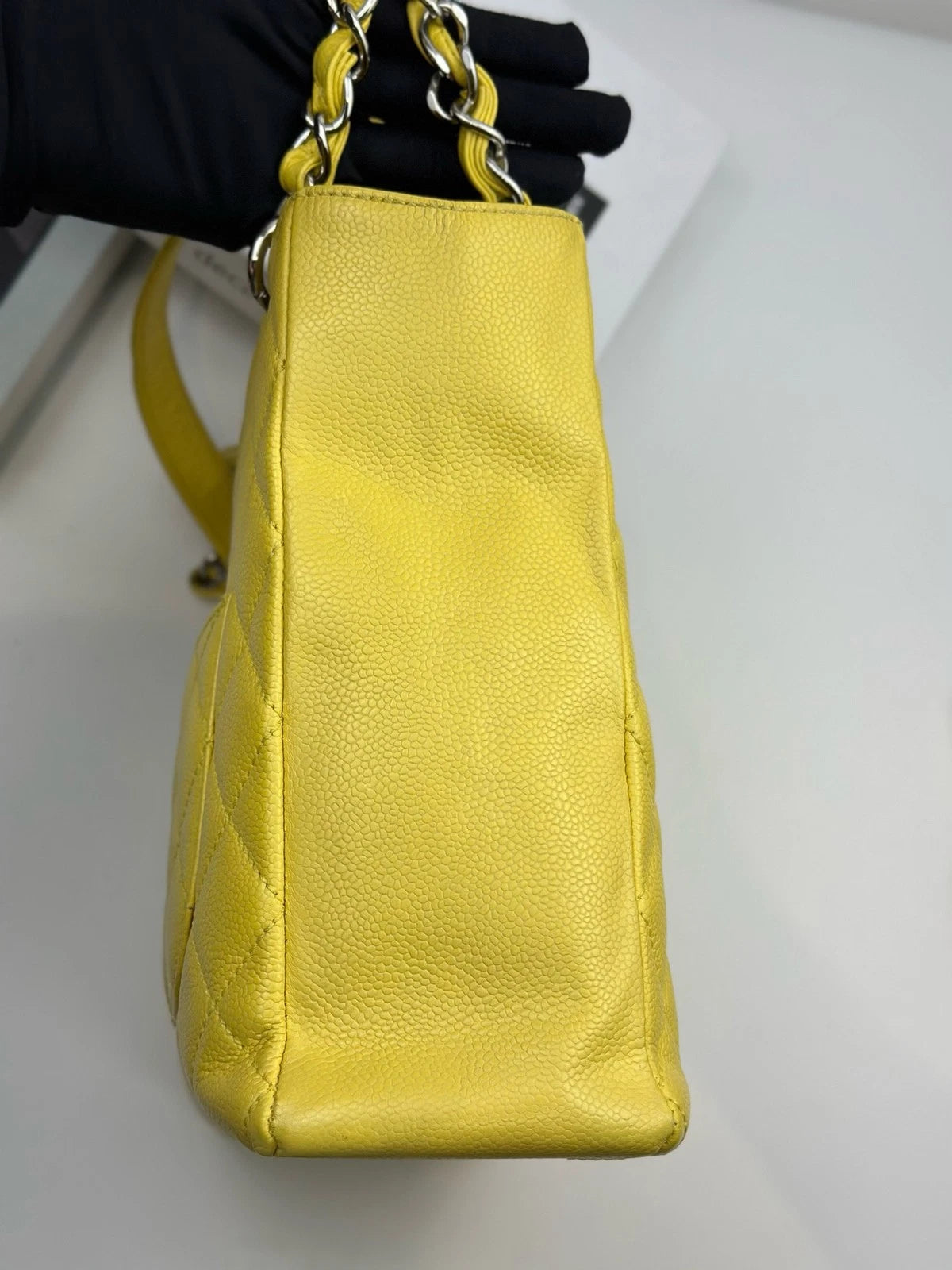 Authentic Chanel GST PM Silver Hardware Chain Yellow Tote Shoulder Bag Diamond