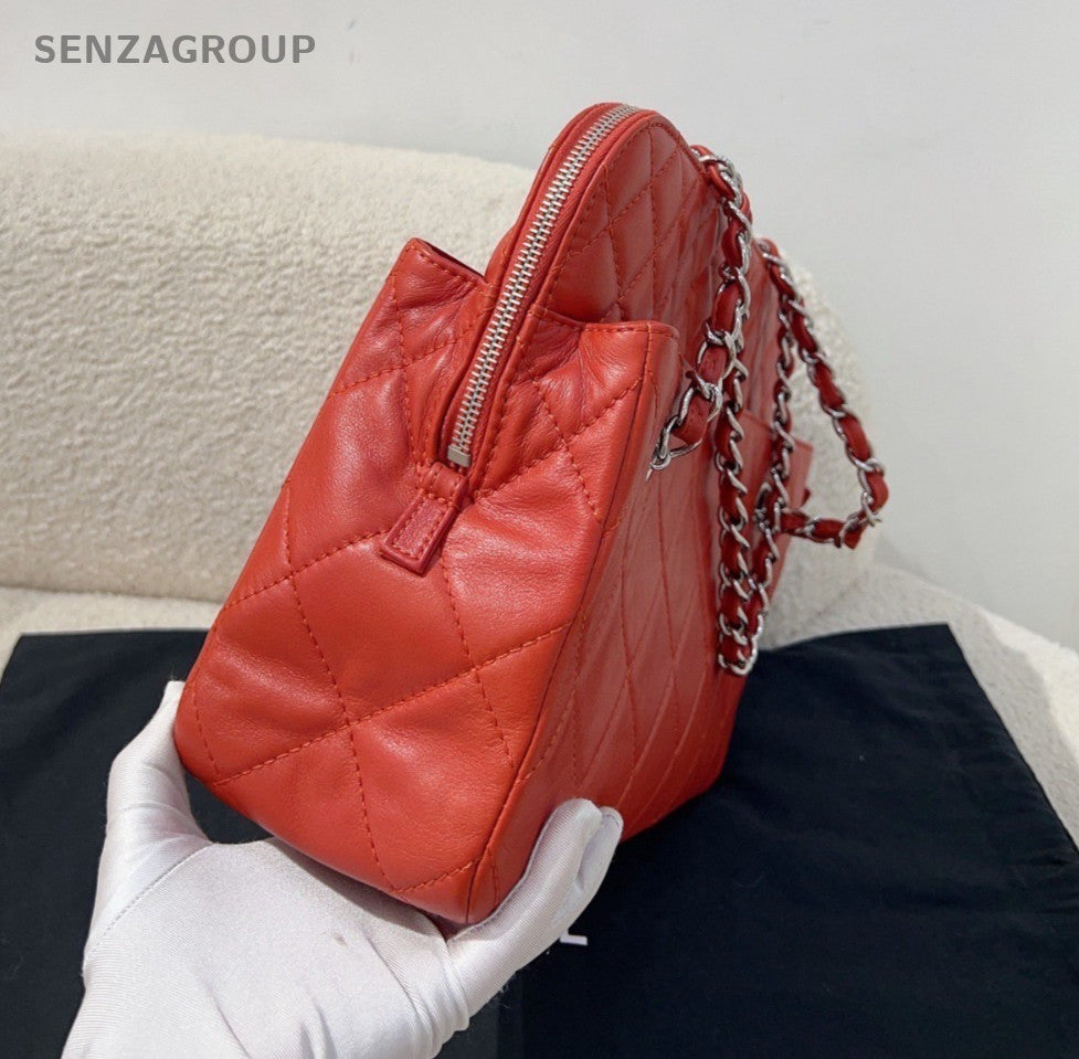 CHANEL Diamond Pattern Chain Shoulder bag Red Silver Women