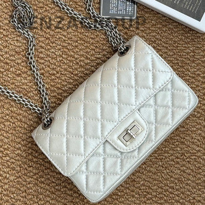 Chanel 2.55 Mini Lambskin Silver Quilted Chain Crossbody Bag