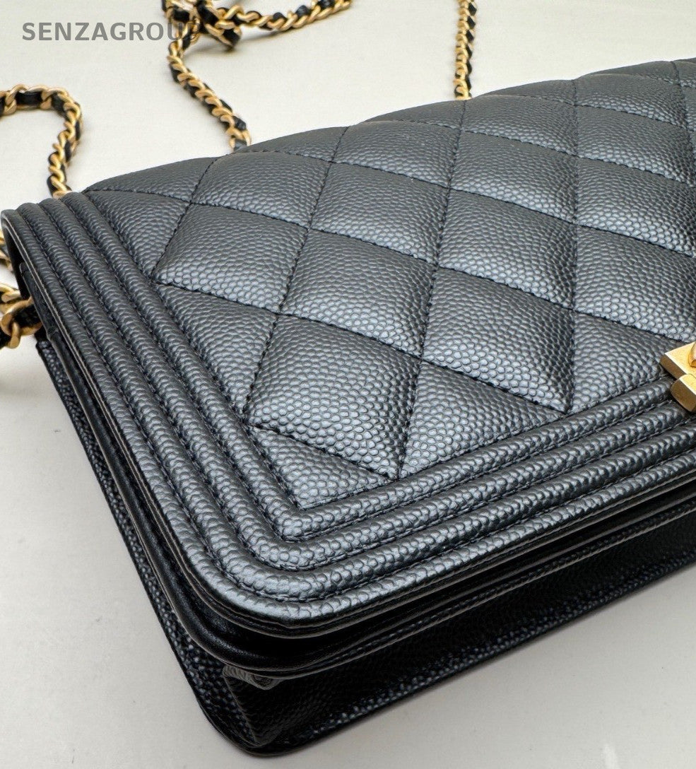 Chanel Le Boy Textured Calfskin Wallet woc Shoulder Crossbody Bag Black Women