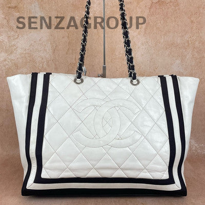 Chanel Black White Lambskin Tote Chain Shoulder Bag Women's Quilted