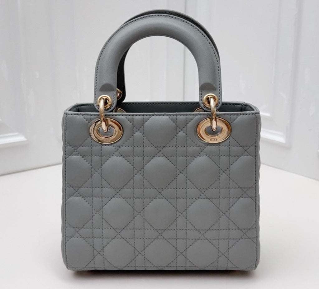 Christian Dior Lady Dior Cannage Top Handle Bag Crossbody Gray Gold Women
