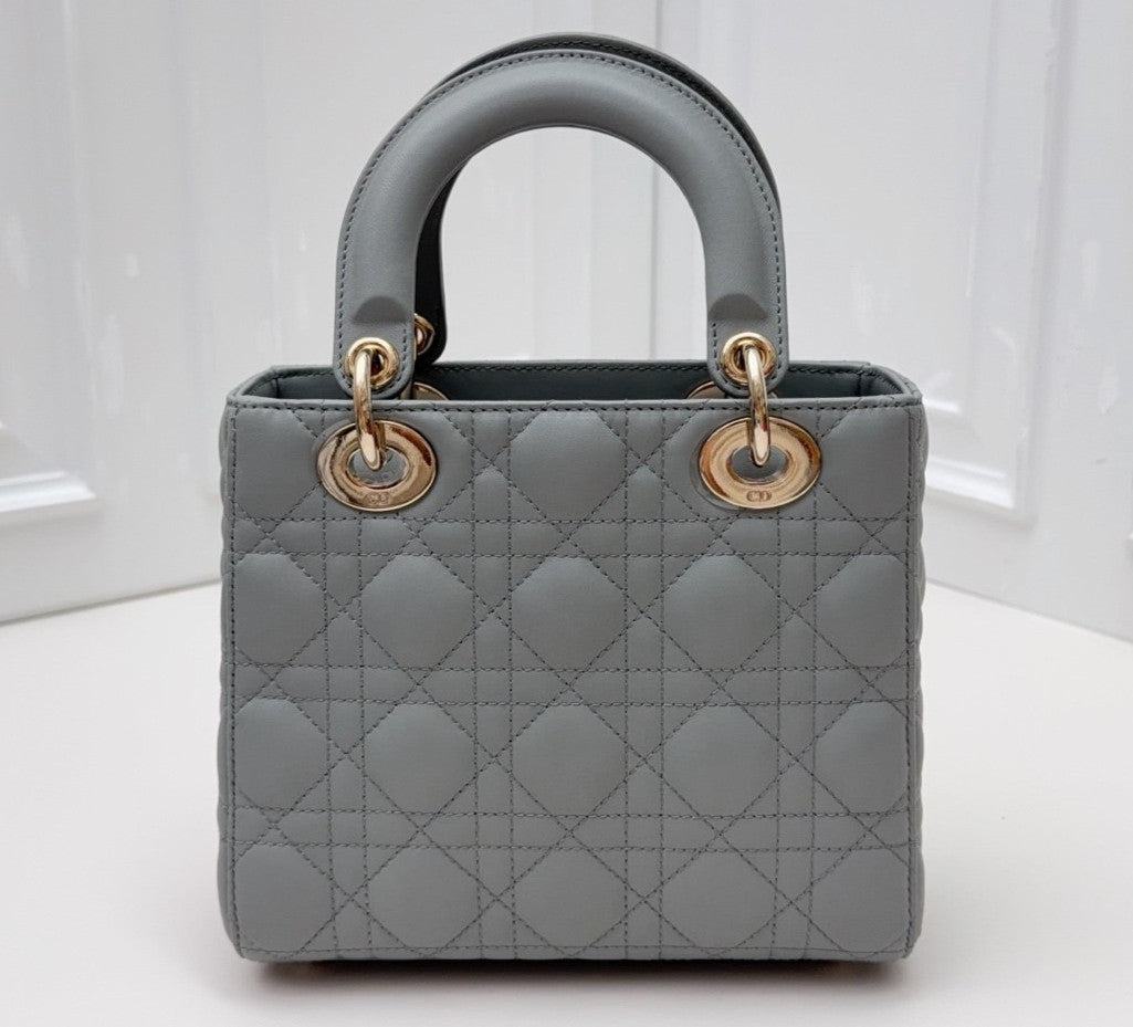 Christian Dior Lady Dior Cannage Top Handle Bag Crossbody Gray Gold Women