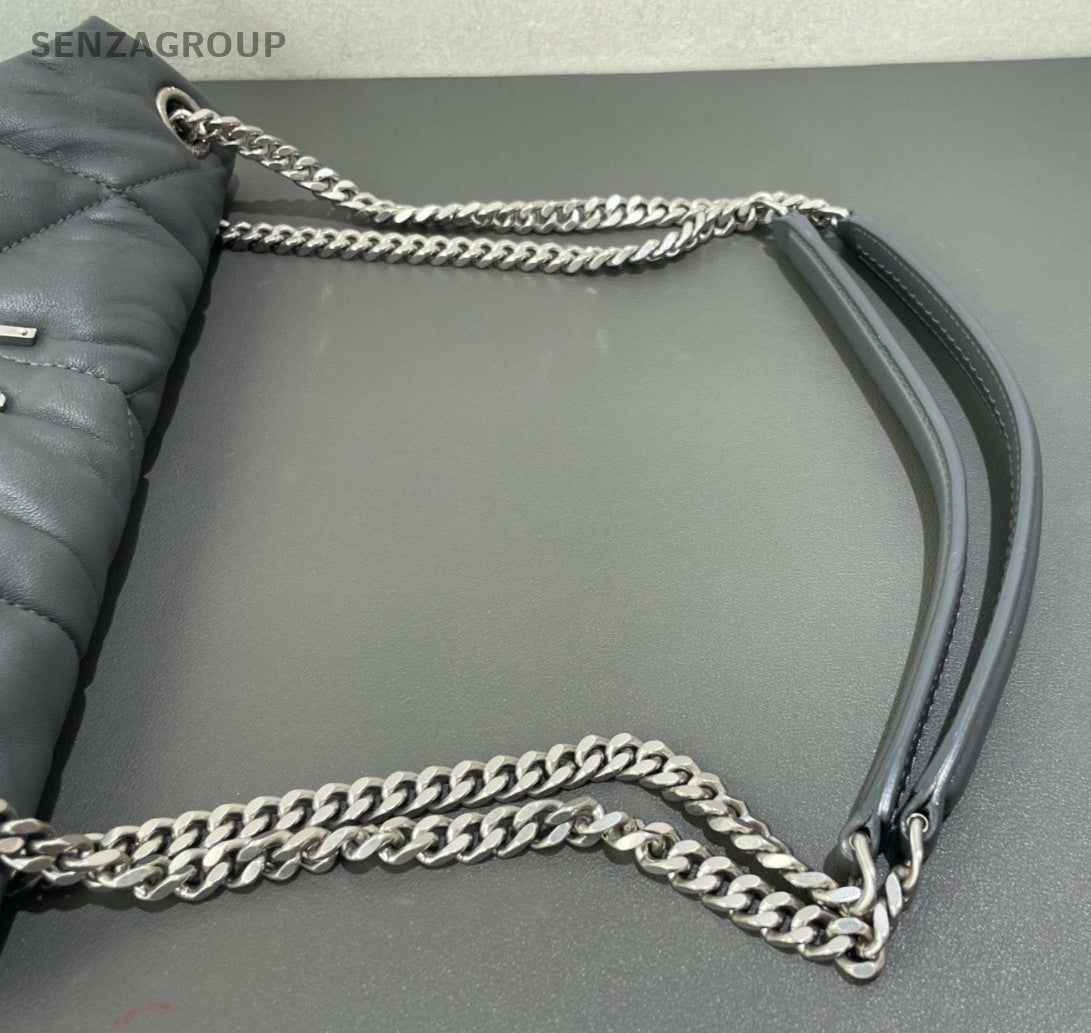 Saint Laurent LOULOU Lambskin Chain Shoulder Bag Crossbody Gray Silver Women