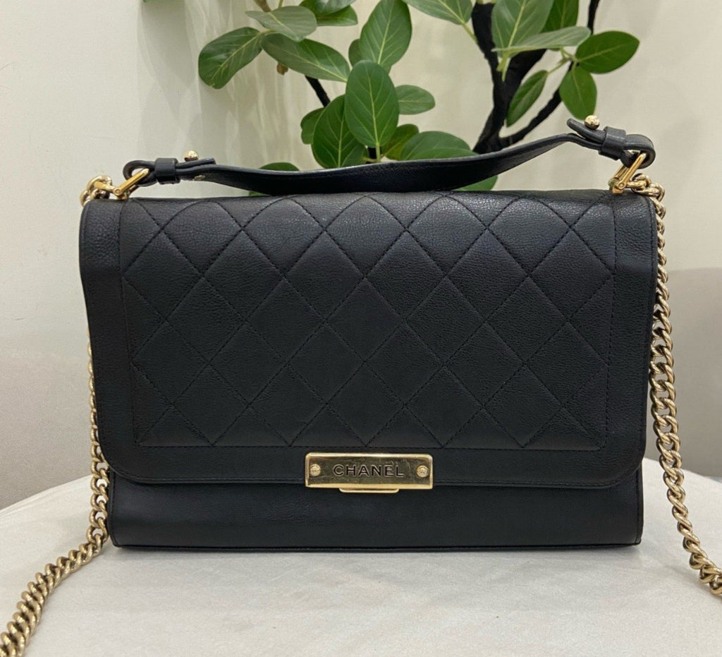 Chanel Label Click Calfskin Chain Shoulder Bag Crossbody Black Gold Women