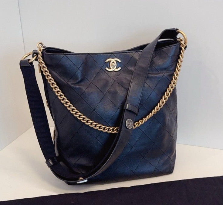 Chanel Hobo PM Chain Shoulder Bag Crossbody Black Gold Women Classic Diamond