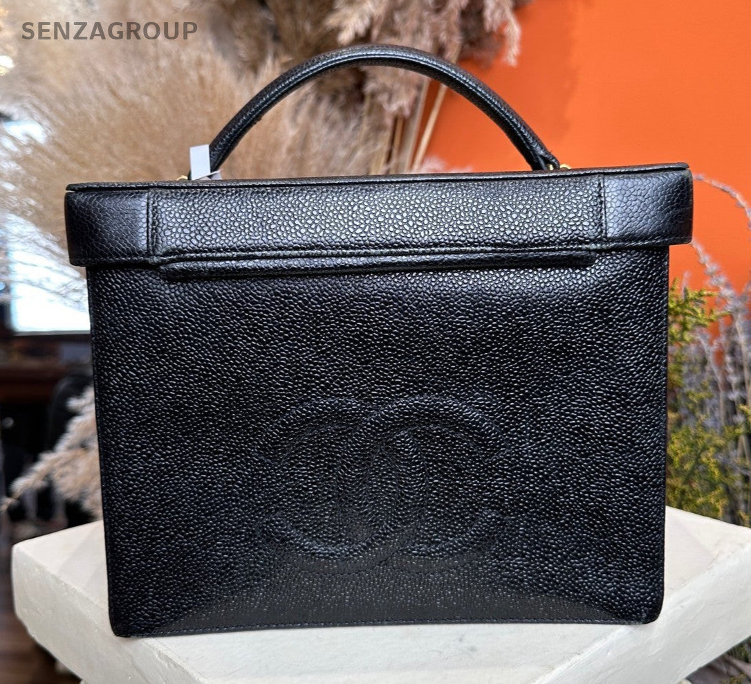 Chanel Vintage Vanity Case Top Handle Bag Black Gold Used Women Classic