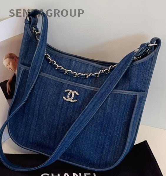 Chanel Hobo 2Way Shoulder Bag Crossbody Blue Silver Used Women Classic