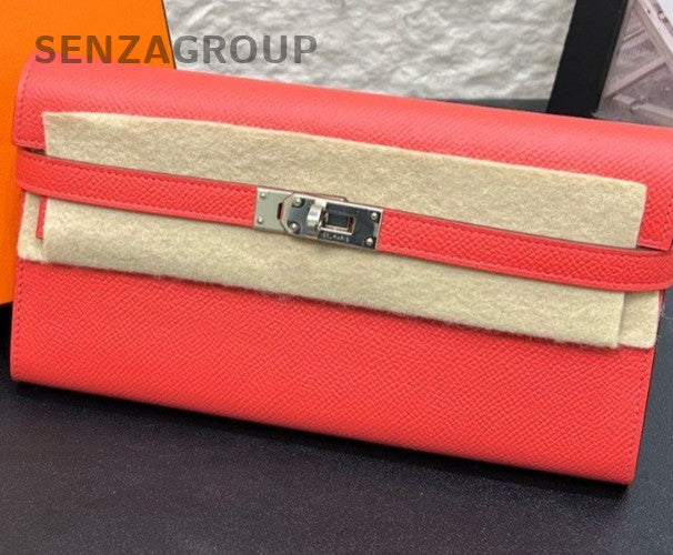 Hermes Kelly long Epsom Leather Wallet Kelly Togo Red Silver Women Designer