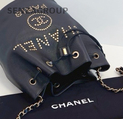 Chanel Calfskin Bucket Chain Shoulder Bag Crossbody Black Gold Women Classic