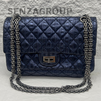 Chanel 2.55 Blue Silver Accordion Chain Shoulder Crossbody Bag Vintage Calfskin