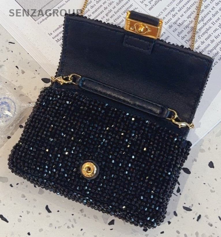 Fendi nano baguette Black beaded string Purse Chain Shoulder bag Crossbody