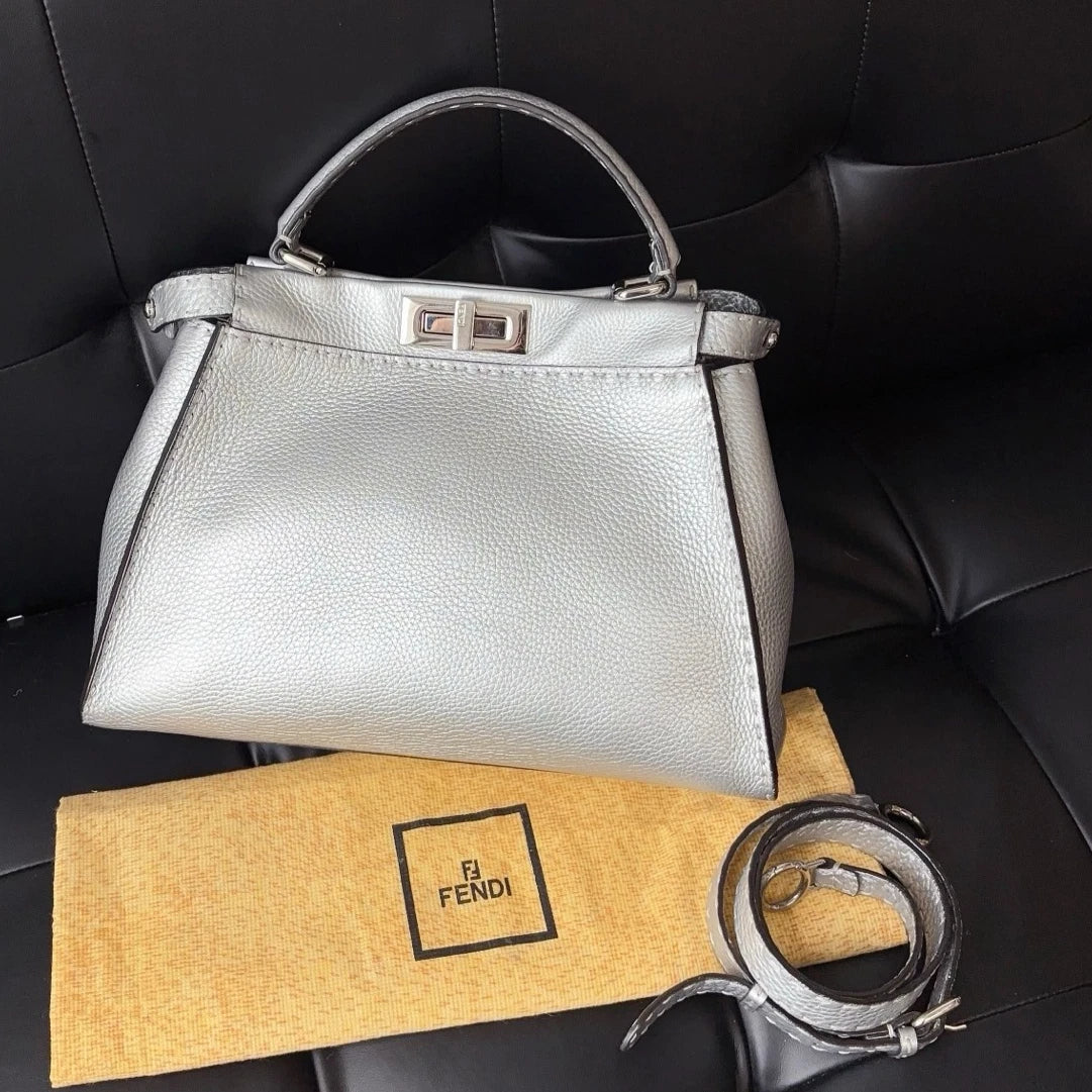 Authentic Fendi Peekaboo Calfskin Top Handle Crossbody Bag Silver SHD