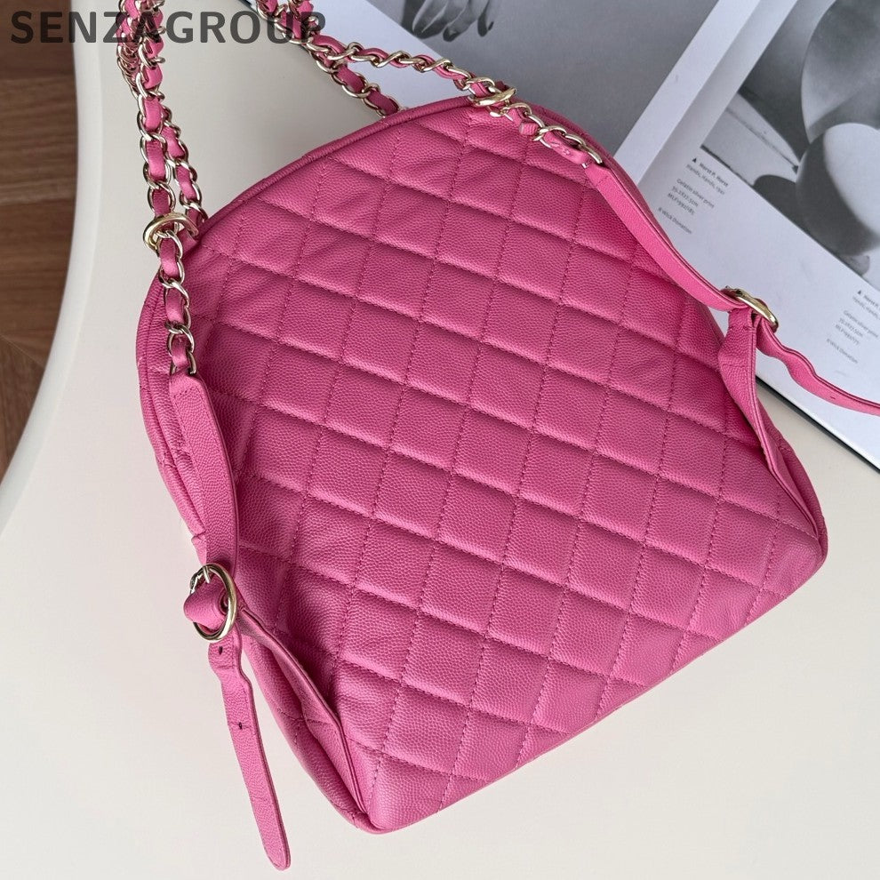 Chanel Diamond Chain Backpack Pink Gold Classic Fashion Women