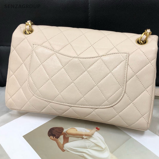 Chanel CF Quilted Flap Bag Beige Gold Chain Shoulder Crossbody Women Fashion