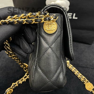 Chanel Coin Chain Crossbody Bag Black Gold Quilted Classic Women's Fashion