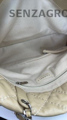 Chanel Quilted Tote Chain Shoulder Bag Beige Silver Hardware Classic