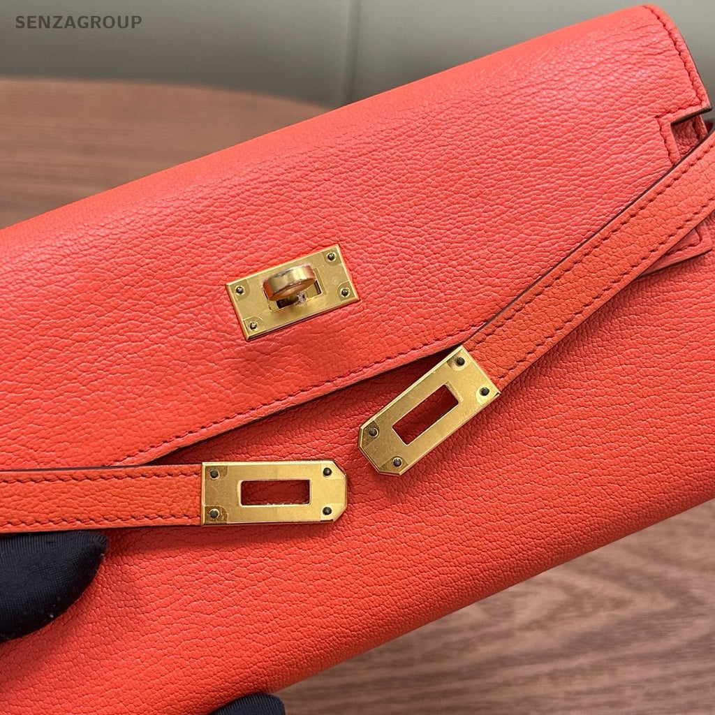 Hermes Kelly Long Wallet Goatskin Orange Gold Women Pouch