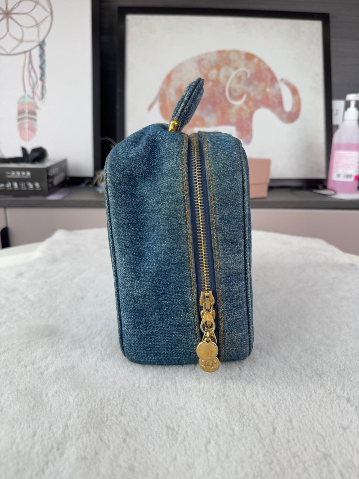 CHANEL Top Handle Make up case Denim Handbag Blue