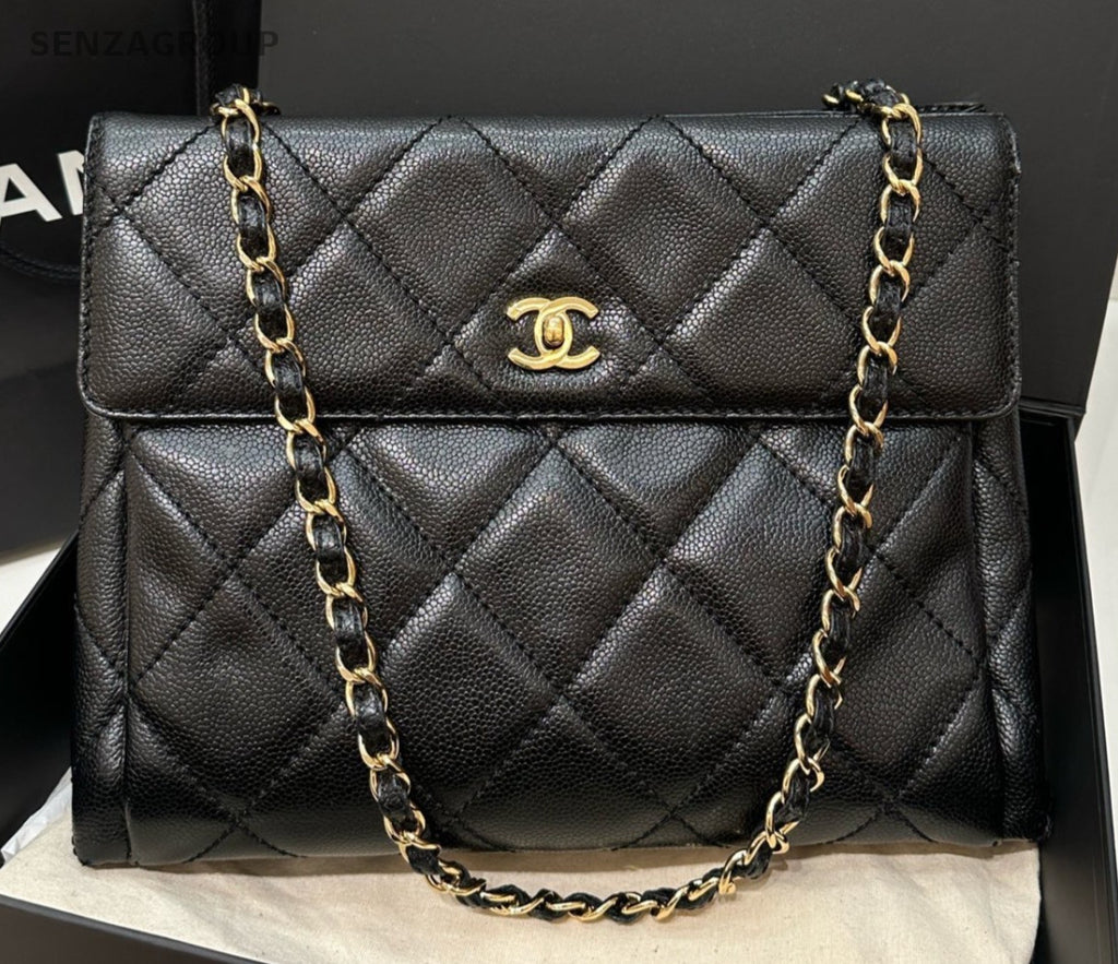 Chanel Satchel Chain Diamond Shoulder Bag Black Gold Women Classic Fashion