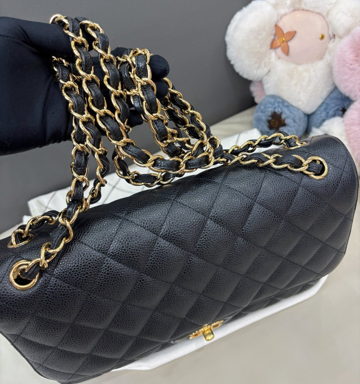 Chanel Classic Flap Jumbo Calfskin Chain Shoulder Bag Black Gold Women Fashion