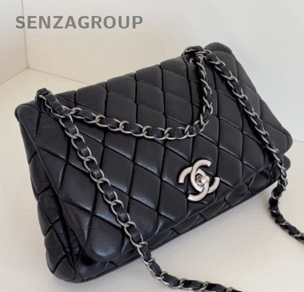 Chanel Classic Flap Chain Lambskin Shoulder Bag Black Silver Women Fashion