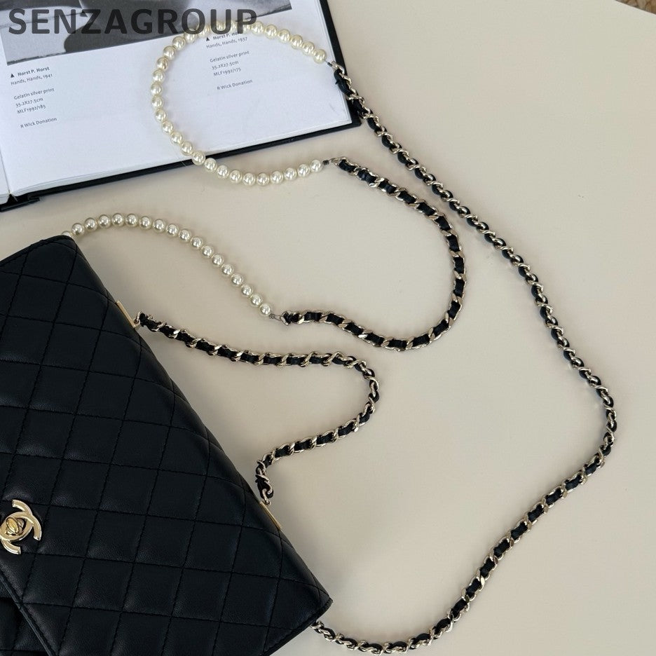 Chanel WOC Diamond Pearl Chain Shoulder Crossbody Black Gold Women Classic