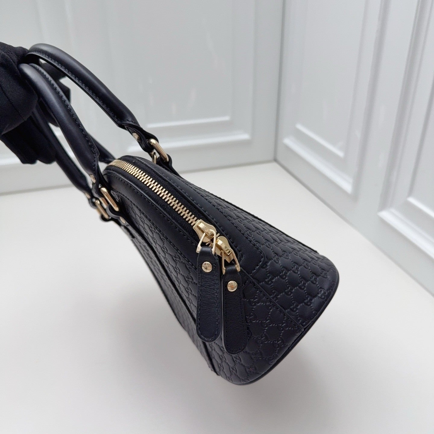 GUCCI Alma bb Monogram Empreinte 2WAY Shoulder Handbag Black Gold Women