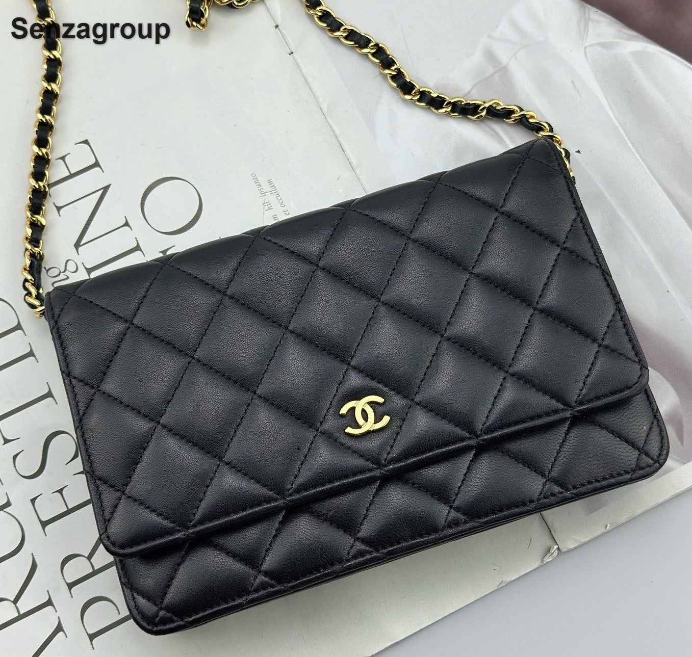Chanel WOC Lambskin Chain Shoulder Bag Crossbody Black Gold Women Classic