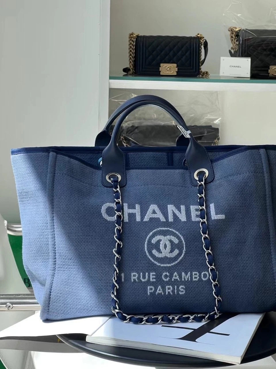 CHANEL Large Blue Beach Tote Bag For Women Travel Commute