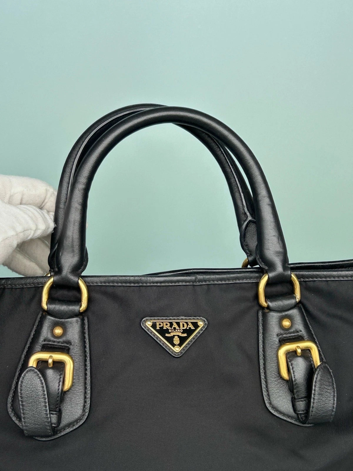 Prada Tote Black Top Handle Shoulder Crossbody Bag Gold Hardware Women