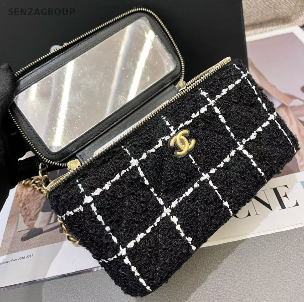 Chanel Tweed Long Box Chain Shoulder Bag Crossbody Black Gold Women Classic