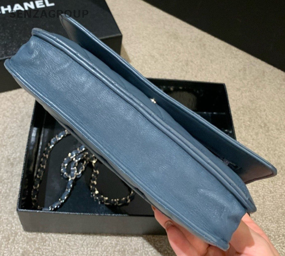 Chanel WOC Chain Lambskin Crossbody Blue Silver Used Women Classic