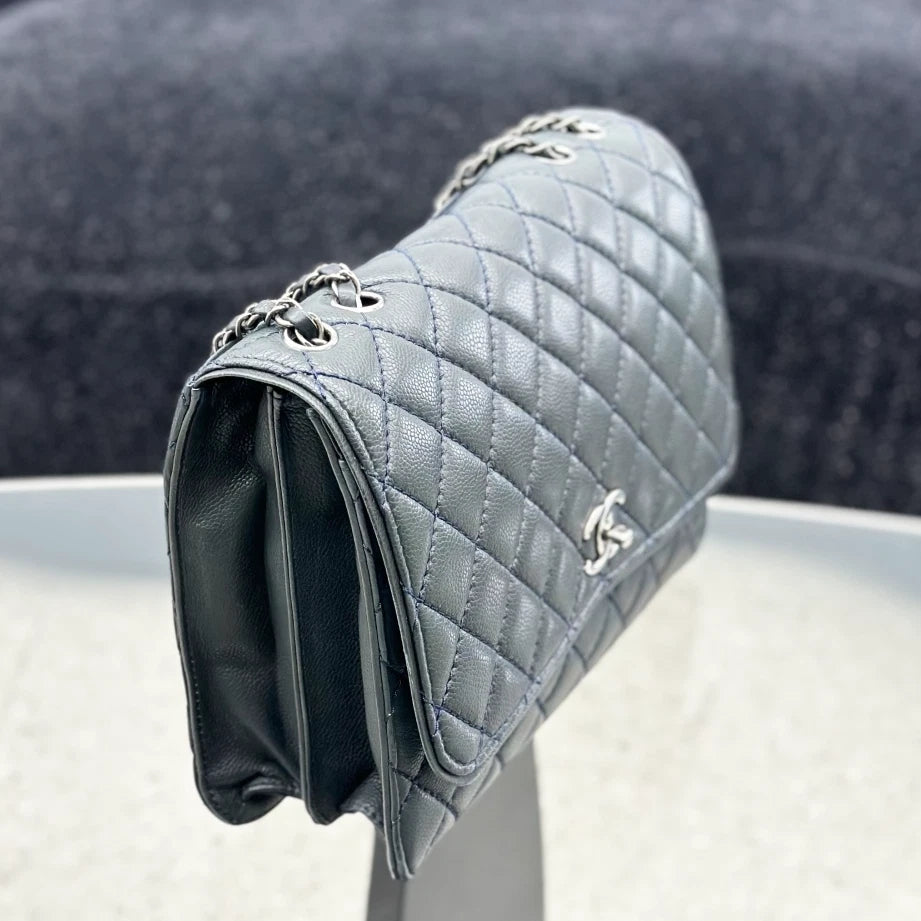 Chanel Diamond GM Calfskin Chain Shoulder Crossbody Olive Green Silver Women