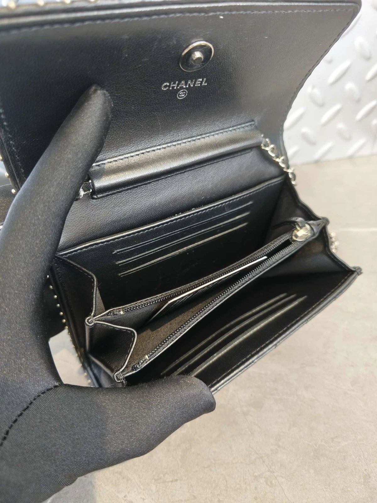 CHANEL Black Silver V Mini WOC Rivet Chain Leather Crossbody Bag Women